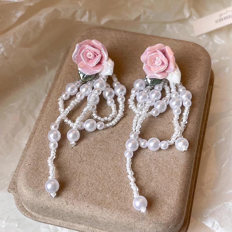 Exquisite French Retro Long Tassel Rose Earrings for Women
