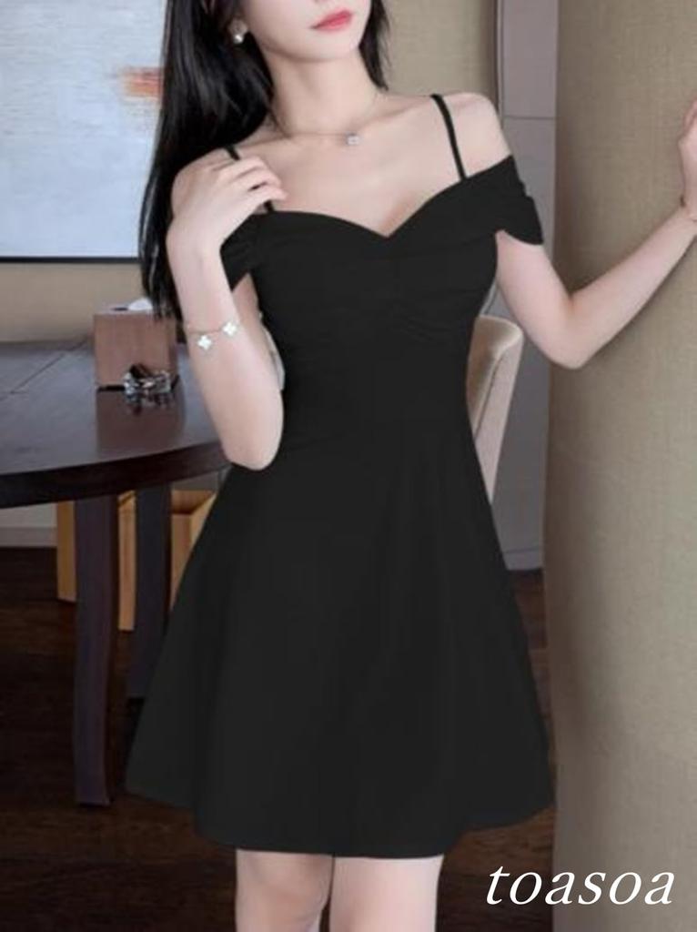Toa Soa Mini Flared Dress Women's Off-the-Shoulder High-Waisted (M, Black)