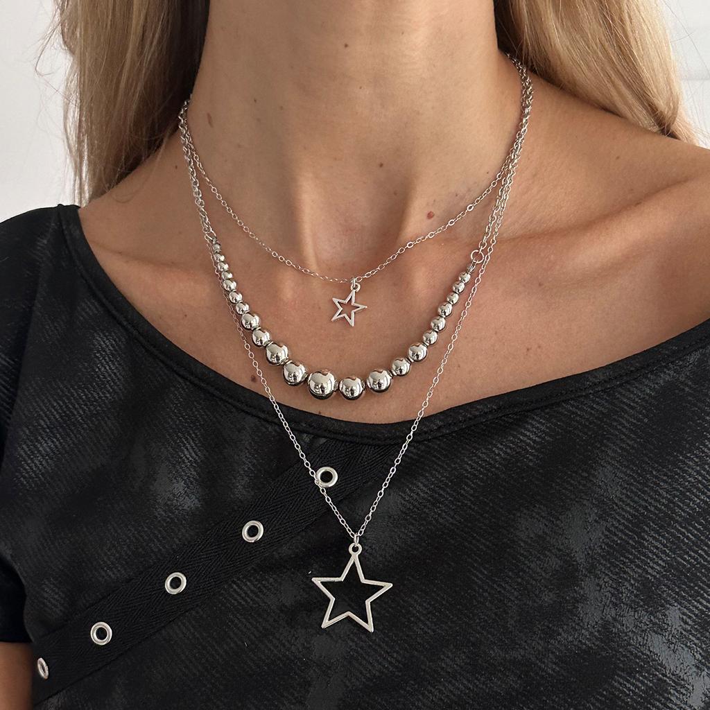 Hip-Hop Style Shiny Star Pendant Necklace, Fashionable Five-Pointed Star Rhinestone Chain Stacked Necklace.