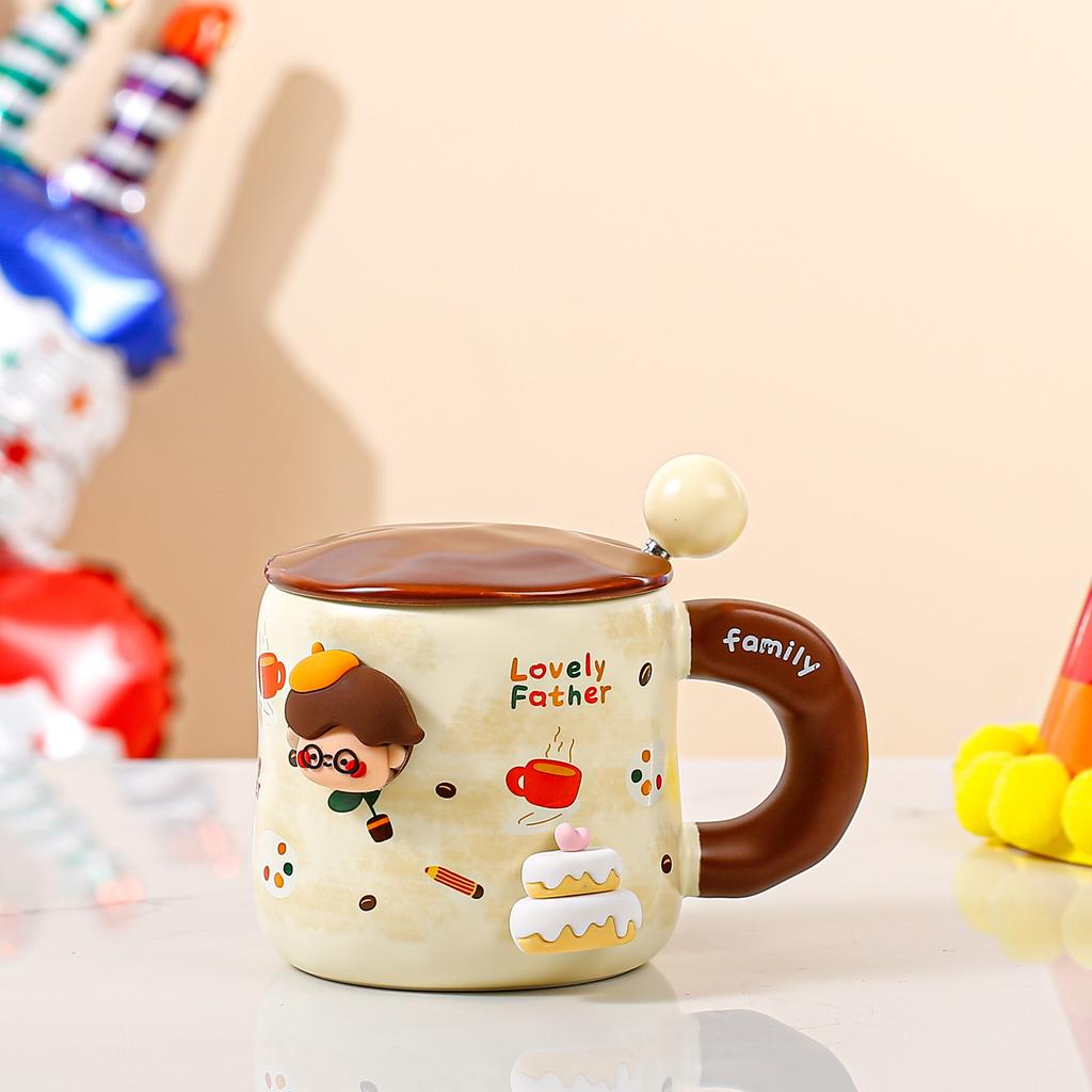 Creative Cartoon Ceramic Cup with Lid and Spoon Family Mug Ins Fengshui Cup for Girls Large Capacity