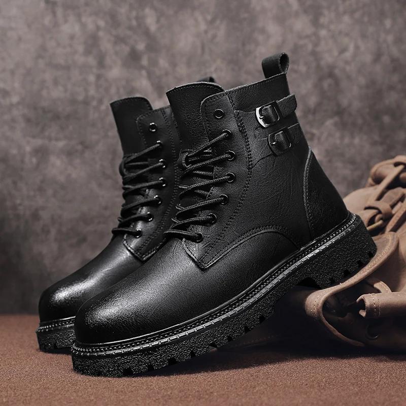 Men Outdoor Casual Leather Ankle Boots Large Size Soft Leather Motorcycle Boots Thick Bottom High Top Work Driving Shoes