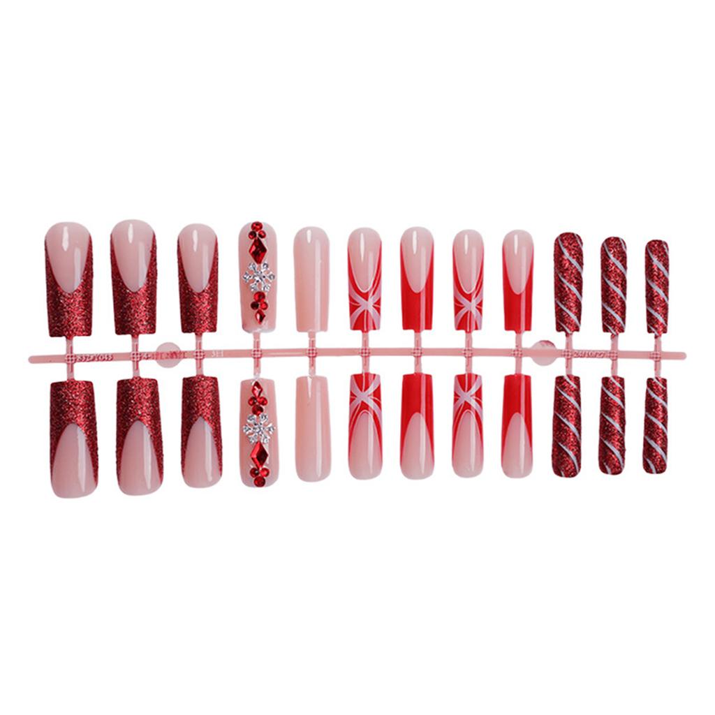 24pcs Christmas Press on Nail Square False Nail Long Acrylic Nail French Tip Winter Artificial Nail for Hliday Parties