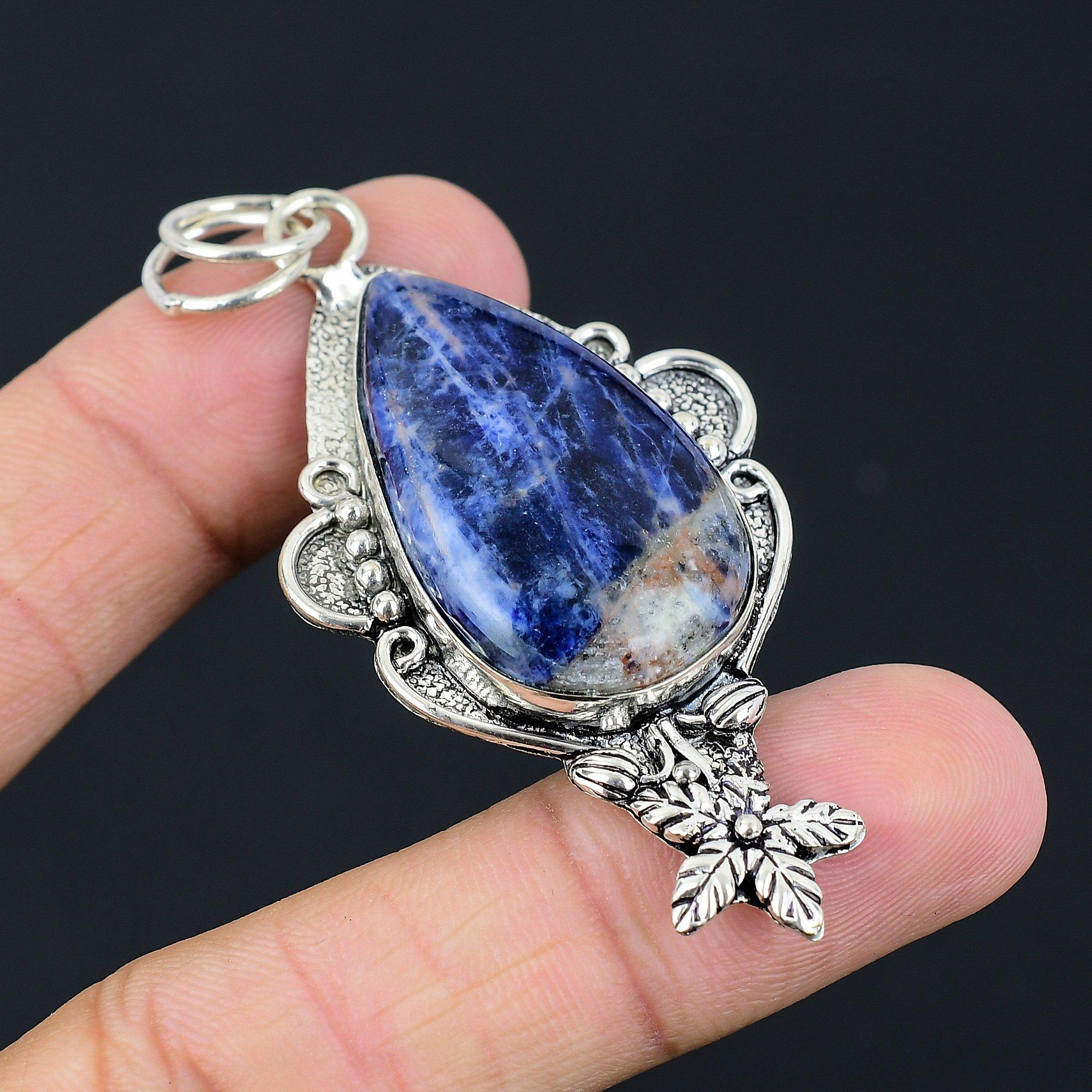 Sisters Day Sale Sodalite Stone 925 Sterling Silver Wife Flower Pendant Jewelry
