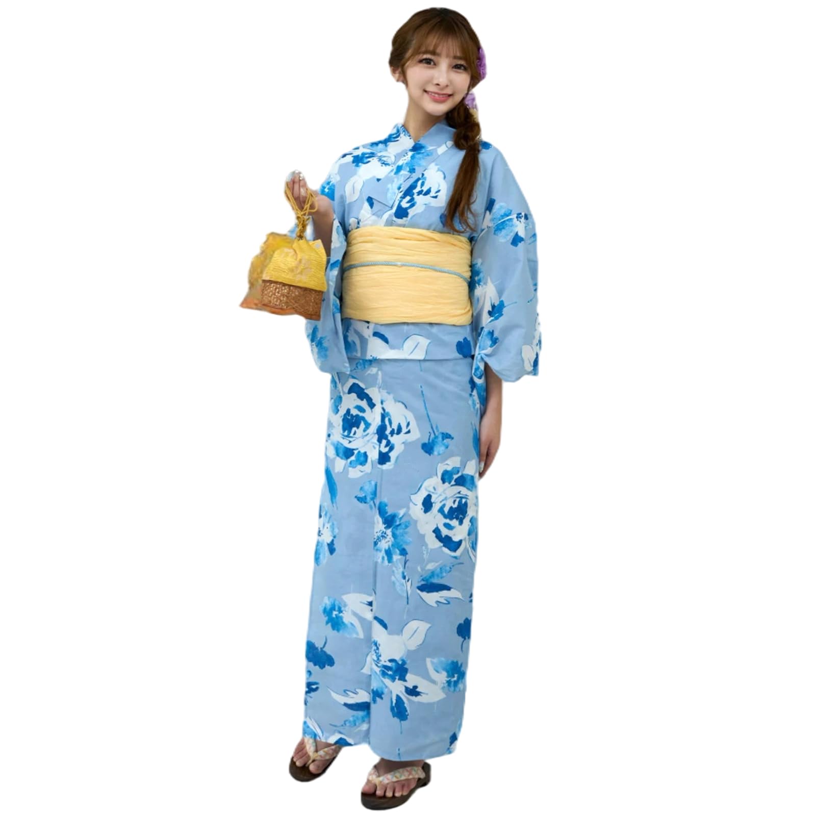 

RAVIR Yukata White and Blue Powerful Floral Fluffy Obi and Geta One Size Fits All Women s 3-Piece Set, Contrast, Pattern, Belt, Sandals, Blue, синій