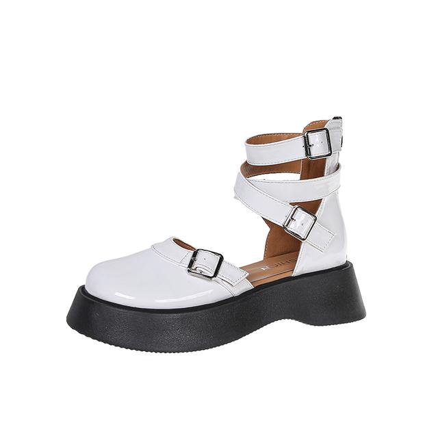 Lolita Sko Kryss-snøret Flate På Plattformsko Kvinner Spennestropp Lær Tykksåle Fritidssko Hvite Mary Janes Sko 9285c