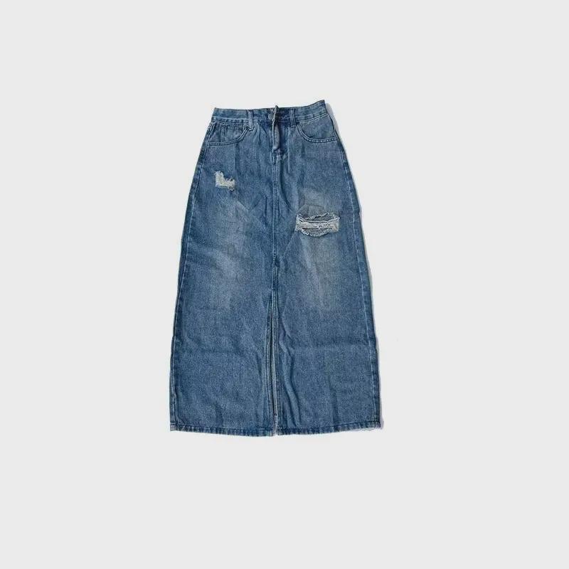 High-Waist Retro Ripped Denim A-Line Skirt for Women - Slimming, Hip-Wrapped, Mid-Length Summer Design