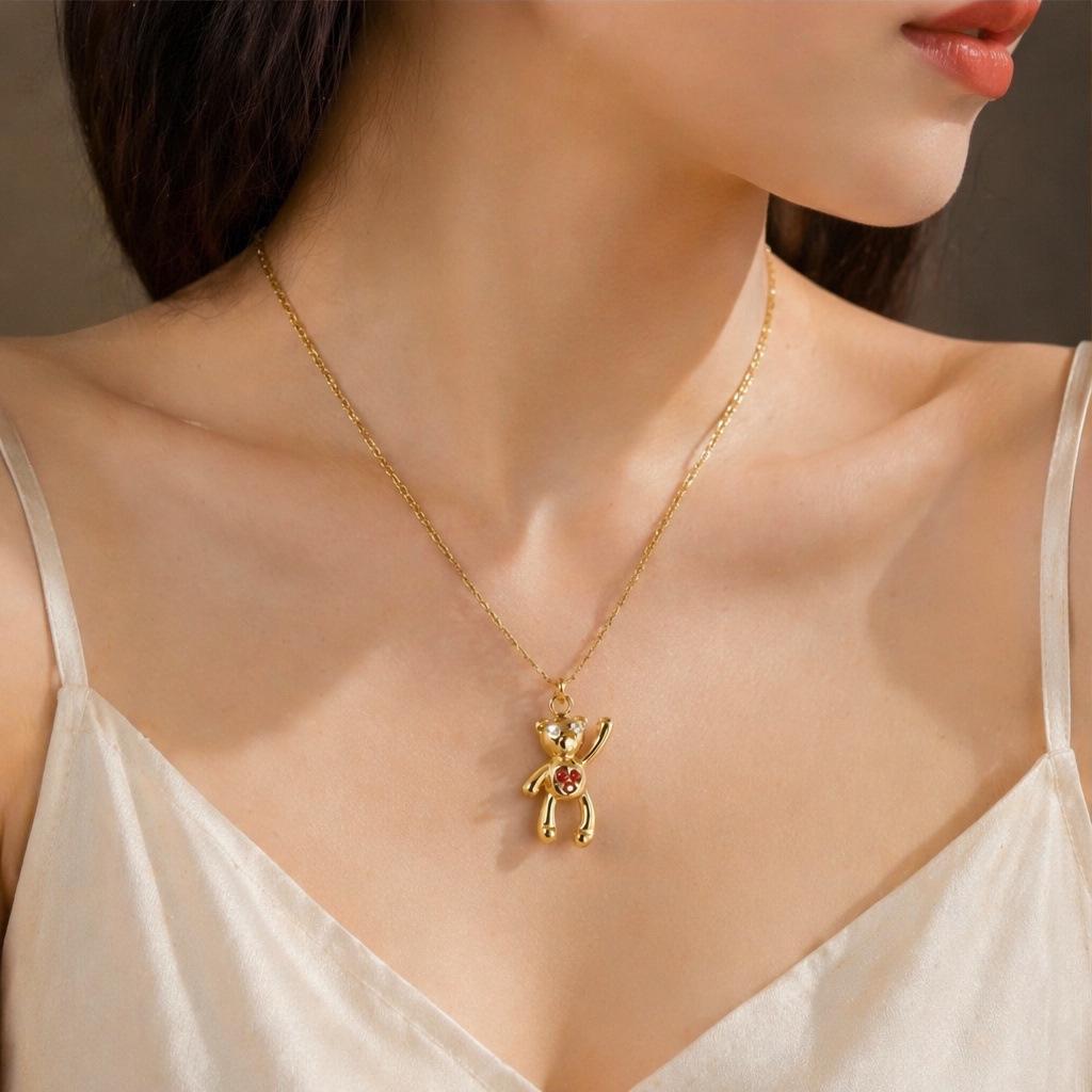 18K Gold Little Bear Necklace with 316 Stainless Steel Zircon Pendant