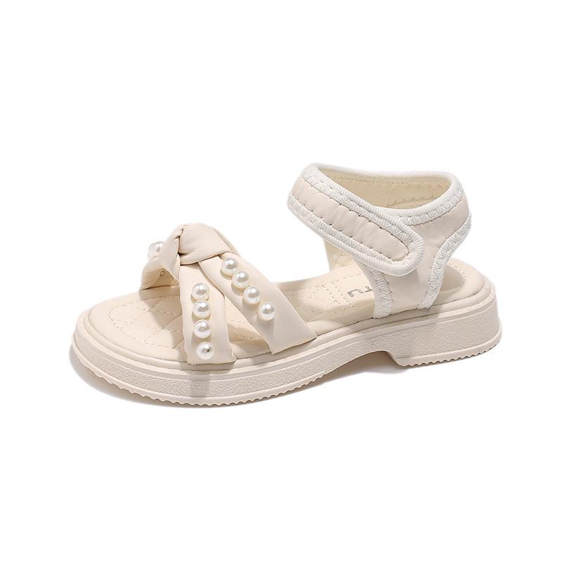 2026 Summer Girls' Open-Toe Pearl Sandals: Non-Slip Soft Sole Beach Shoes for Toddlers & Kids
