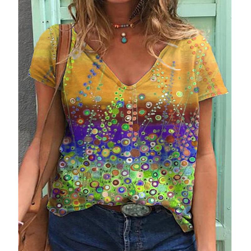 Fashion Spring  Bubbles Print Blouses Short Sleeved V-Neck T Shirts Casual