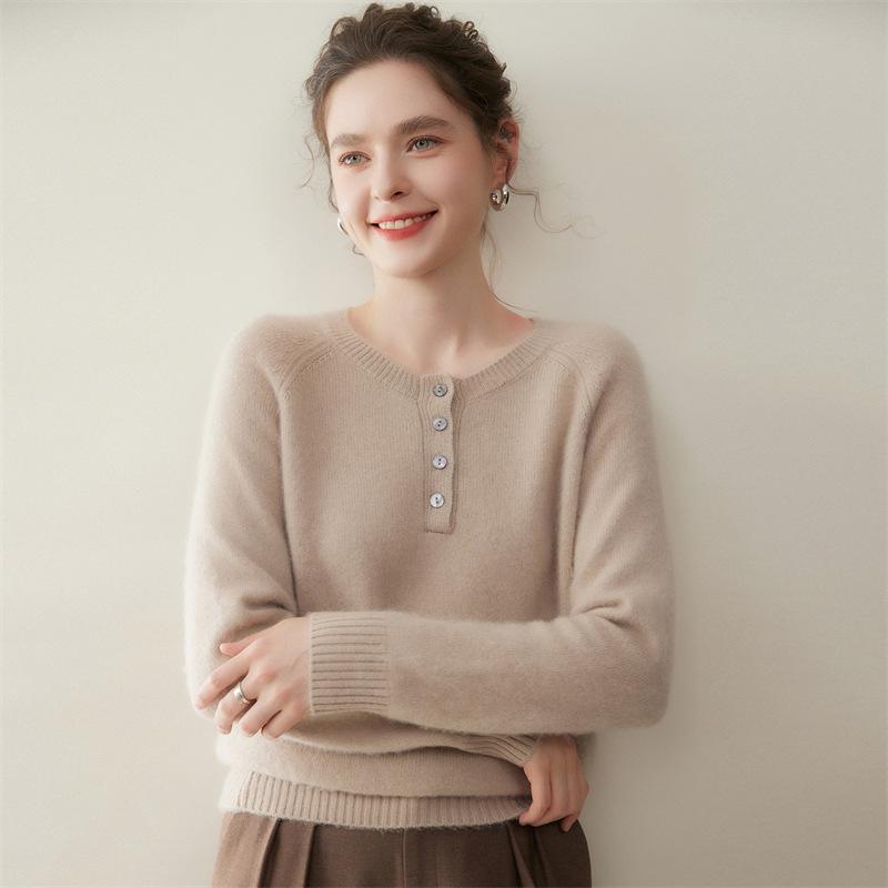 Autumn/Winter Women's Cashmere Knit Slimming Round Neck Button Sweater