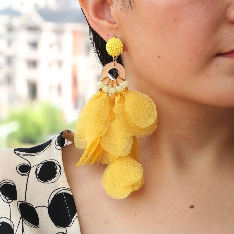 Fashion Women Statement Big Earrings Bohemian Holiday Party Fabric Long Tassel Drop Dangle Earring Handmade Charm Trendy Jewelry
