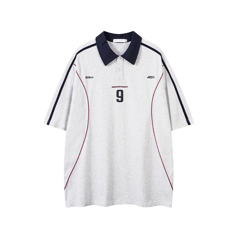 

Acrardic Summer American Lapel Polo Shirt Men s Retro High Street Jersey Sports Style Leisure Short sleeve Top Tide Gray X L