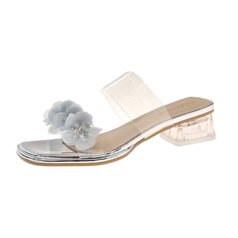 

High-heeled rhinestone fashion slippers women s 2025 summer new crystal and flower PVC foot fitting room cool slippers 40 срібний