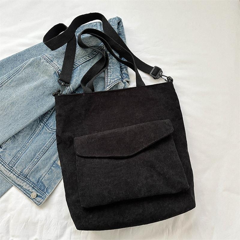 Trendy 2023 Korean Style Corduroy Tote Bag With Soft Bucket Shape For Everyday Use чёрный