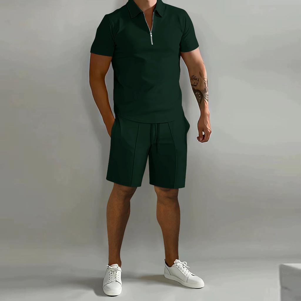 Spring/Summer Men's Sets Lapel Zipper Short-Sleeved Polo Drawstring Shorts 2-Piece Set Fashion Daily Suit Sports Fitness Clothes