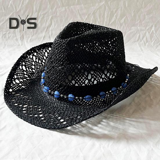 Summer Straw Hat Hollow Out Foldable Adjustable Bead Decor Curled Edge Windproof Strap Western Cowboy Style Solid Color Outdoor Cap
