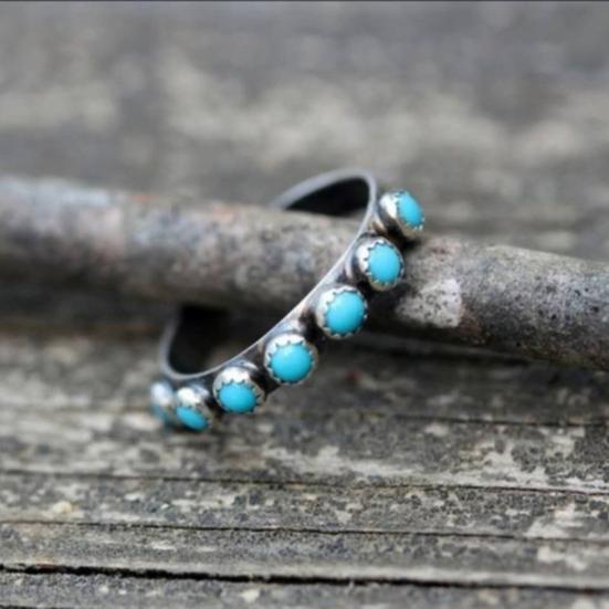 Retro Ethnic Style Turquoise Small Round Beads Ring Women Jewelry Accessories
