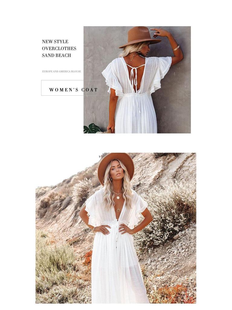 Solid Color Beach Cover-Up Long Dress with Sun Protection