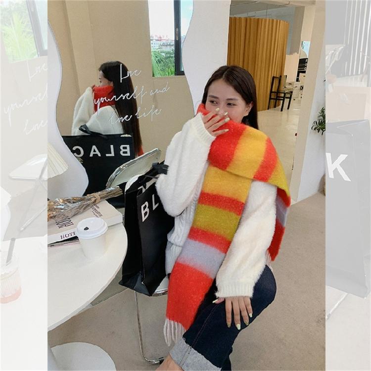 Adult Women Warm Scarf Thicken Rainbow Long Scarf Soft CashmereFeel Shawl Scarf