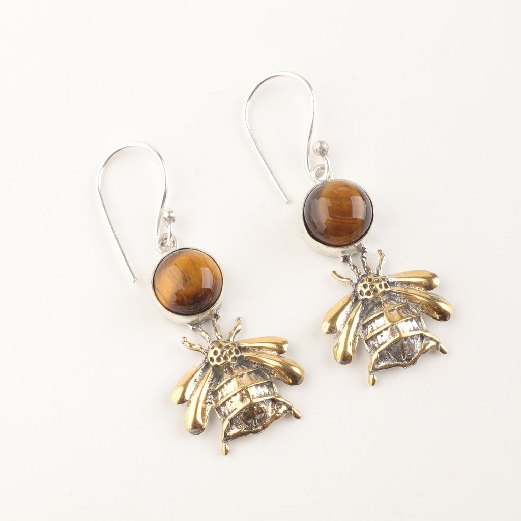 Natural Yellow Tiger Eye Gemstone 925 Stamped Silver Handmade Dangle Earrings 2" EE-154-31