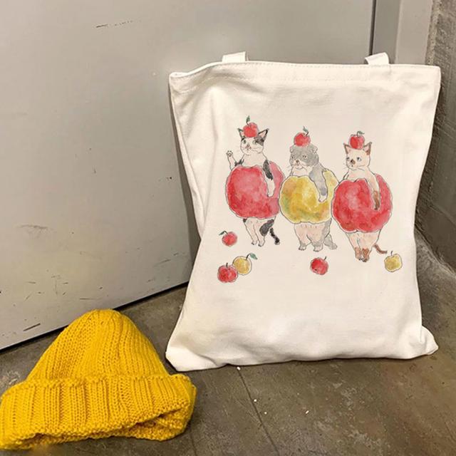 Wiederverwendbare Damen Canvas One Shoulder Cartoon Printing Einkaufstasche Baumwolle Umweltfreundliche Einkaufstasche Damen 2022 Student Handtasche T