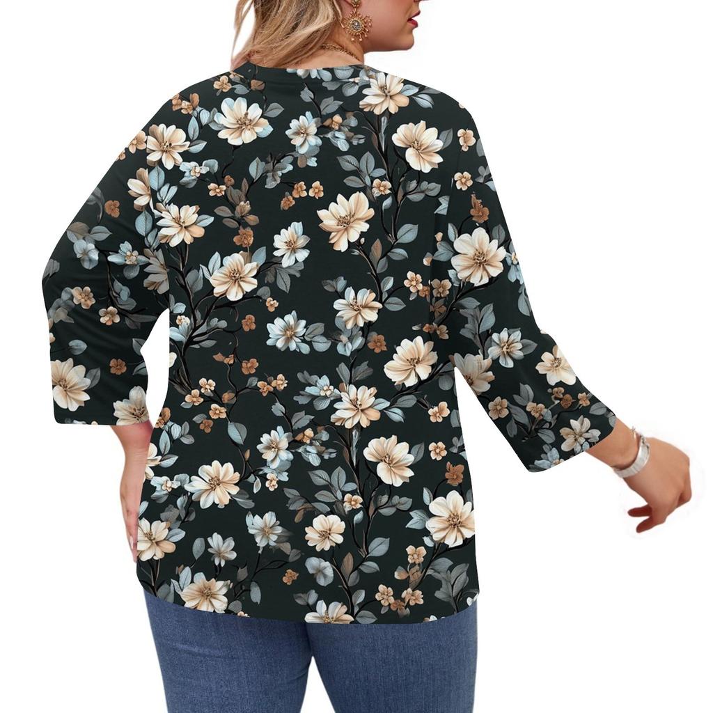 Women's Print Round Neck Plus Size Tops 3/4 Sleeves Elegant Shirt Tops