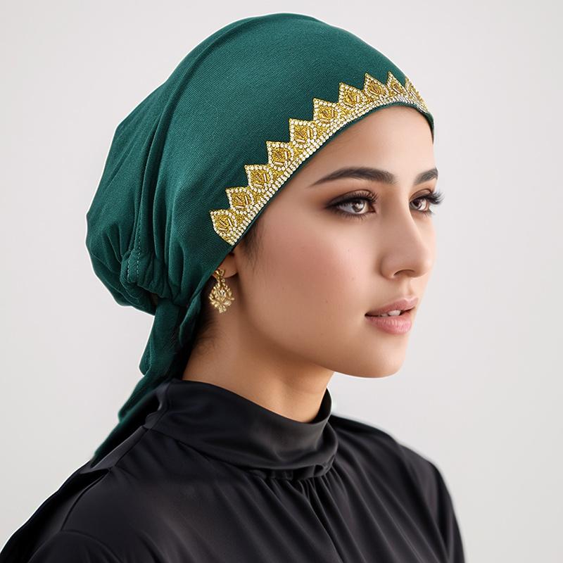 Shiny Golden Rhinestone Caps Women Elasticity Tie Back Caps Muslim Inner Hijabs Turban Leaf Stamping Diamond Undercap Jersey