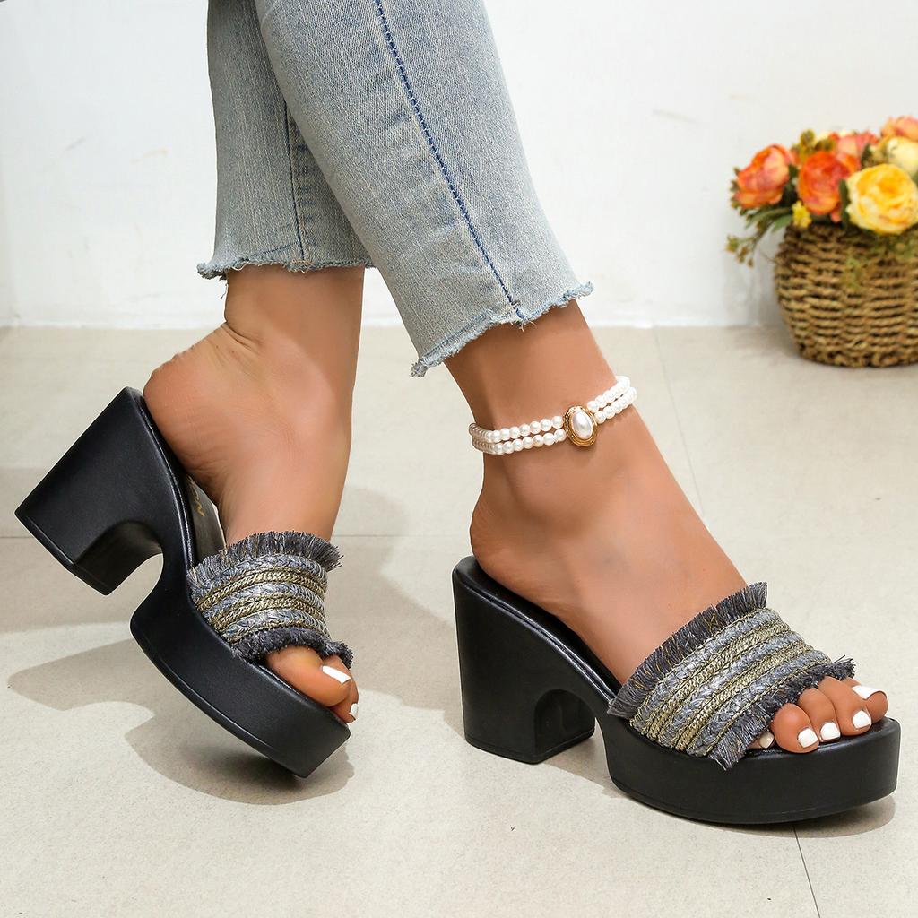 Summer new thick heel outer wear one-word cool slippers new woven women's shoes