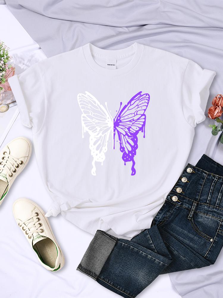 White And Purple Butterflies Personality Funny Print T-Shirt Women Summer Breathable Short Sleeve Soft Comfortable T Shirt Tees