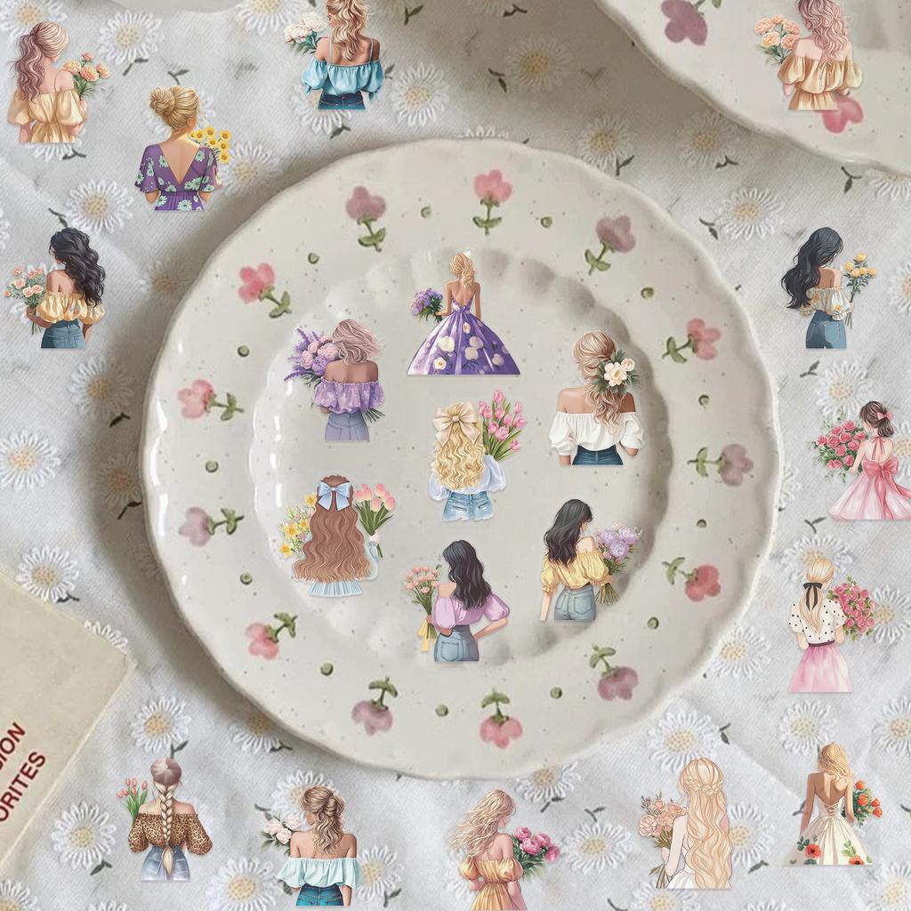 50PCS Floral Girl Stickers Transparent Waterproof Laptop, Mobile Phone, Luggage and Water Bottle Decorative Stickers