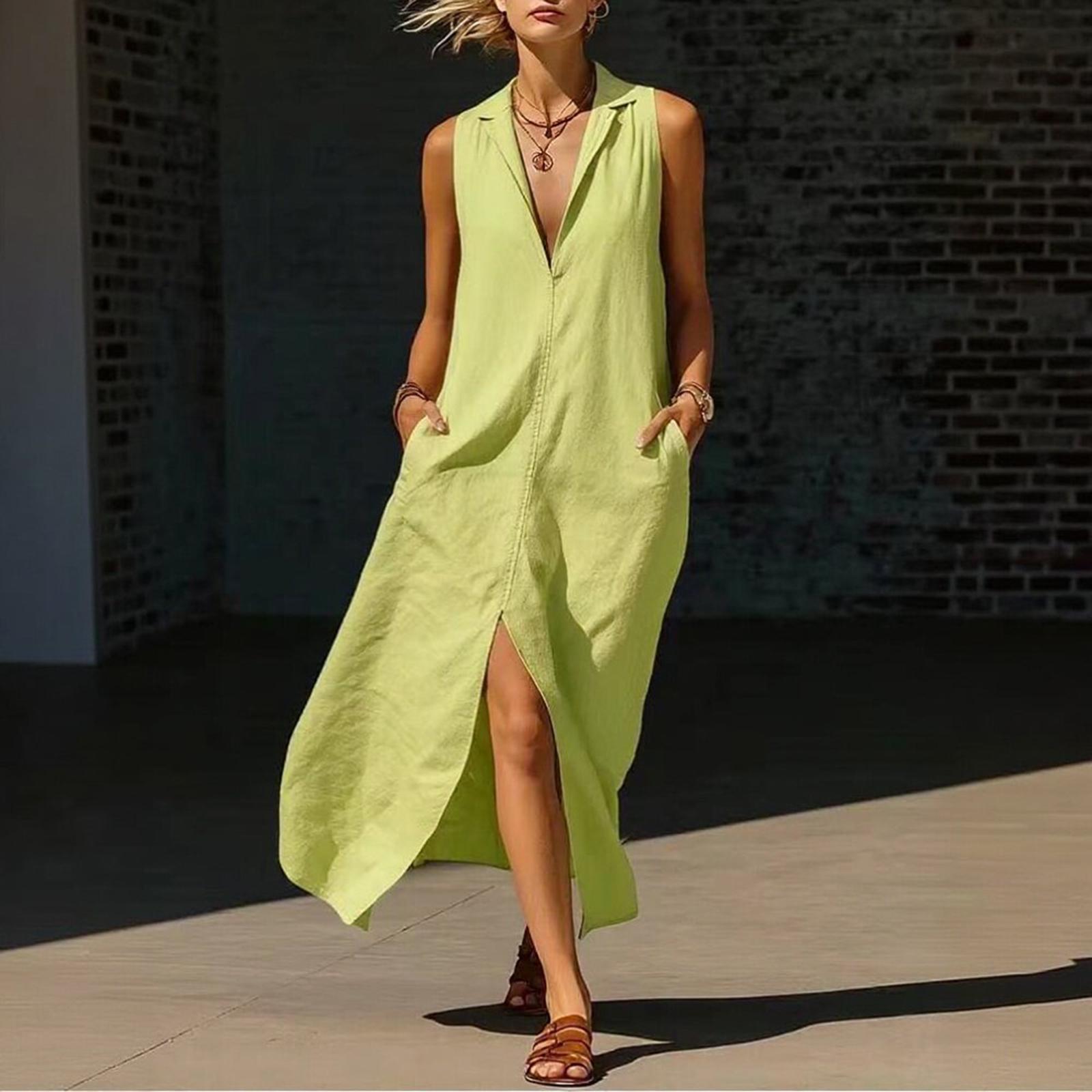 Women s -color Casual Loose V-neck Sleeveless Dress L