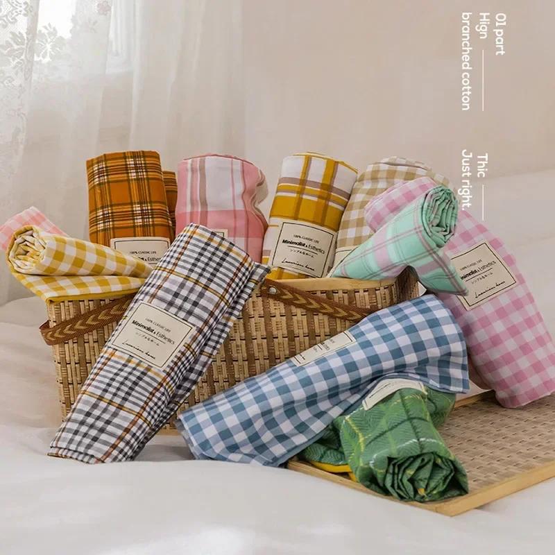 Japanese Grid Printed Washed Bedding Set Skin-Friendly Breathable Quilt Cover Sets for All Seasons Queen King Size Bedclothes