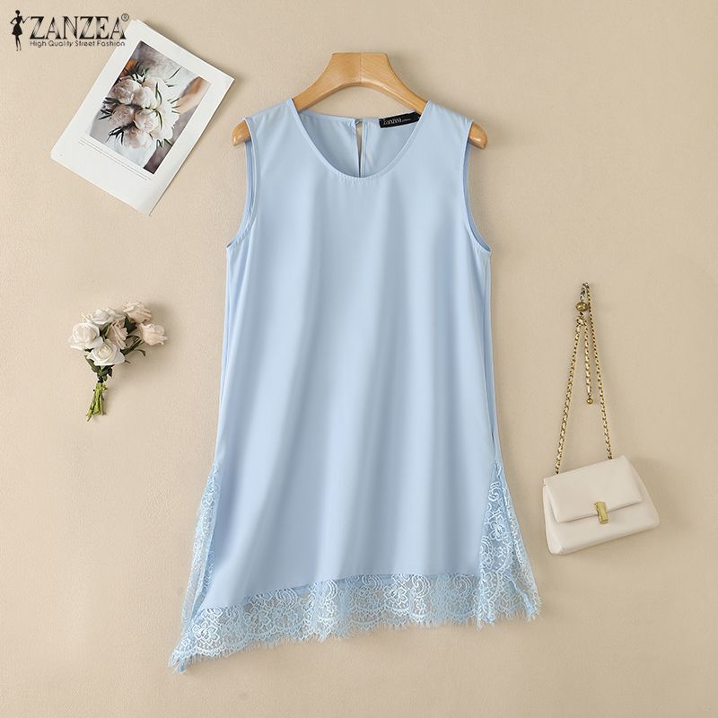 ZANZEA Women Casual Round Neck Sleeveless Lace Splice Summer Tank Tops