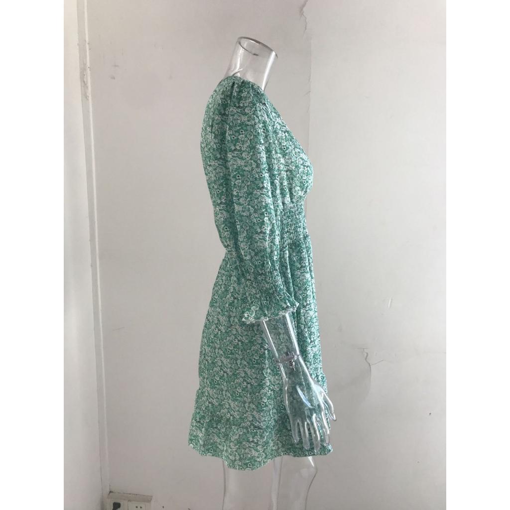Women's Boho Floral Print Midi Dress, V Neck Short Sleeve High Waist Casual Summer Dress for Women