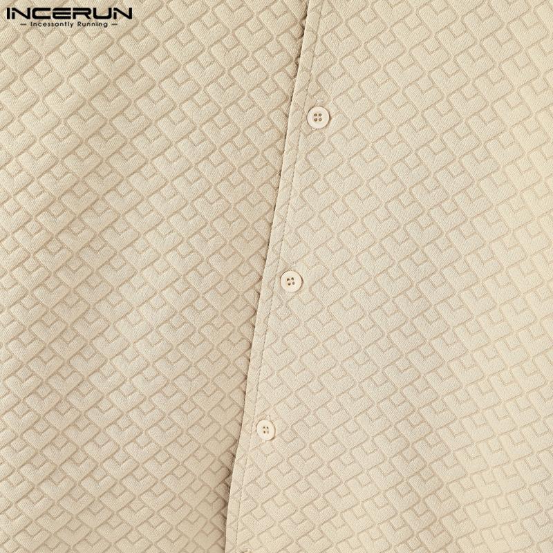 INCERUN Oversized Men Lapel Neck Short Sleeve Texture Buttons Up Casual Shirts
