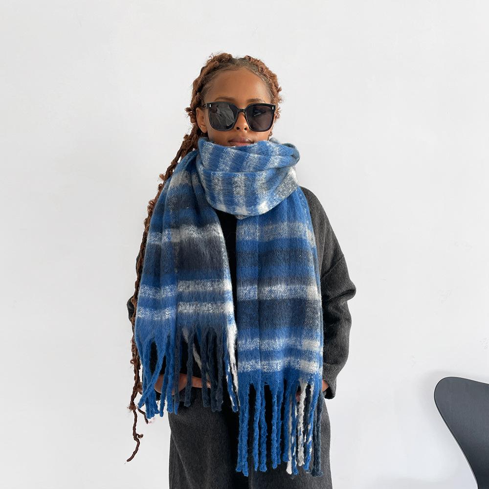 Classic Striped Plaid Seahorse Hair Scarf Women's Winter Warm Advanced Sense Rubbing Beard Long Fringed Scarf