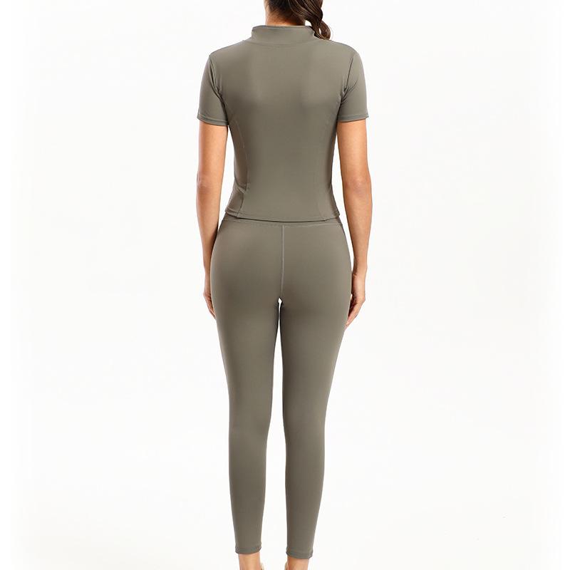 European & American Solid Color Yoga Two-Piece Set: Short Sleeve Top & Nine-Point Pants