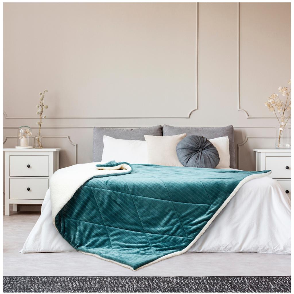 Les Trésors De Lily [A3520] - Couvre lit flanelle sherpa 'Scarlett' turquoise blanc - 240x220 cm