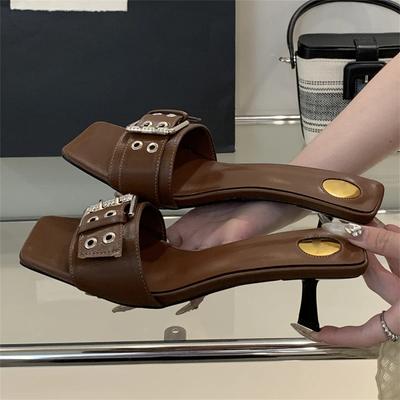 Design Gesp Band Vierkante Neus Dames Slippers Mode Lage Hakken Feest Slide Schoenen Zomersandalen Zapatos De Mujer