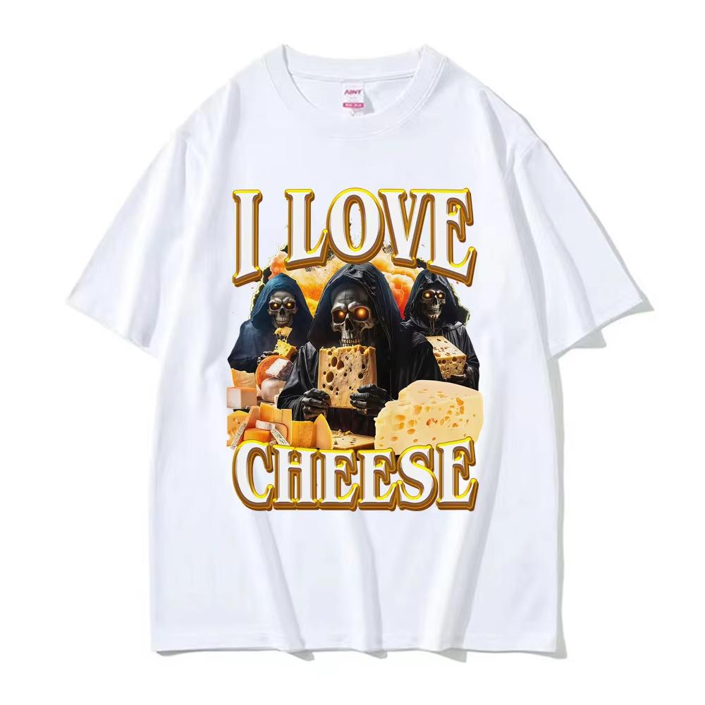 Vintage Skeleton I Love Cheese Meme T Shirts Funny Gothic Graphic Tshirt Mens Women Summer Crewneck Cotton Tshirts Streetwear