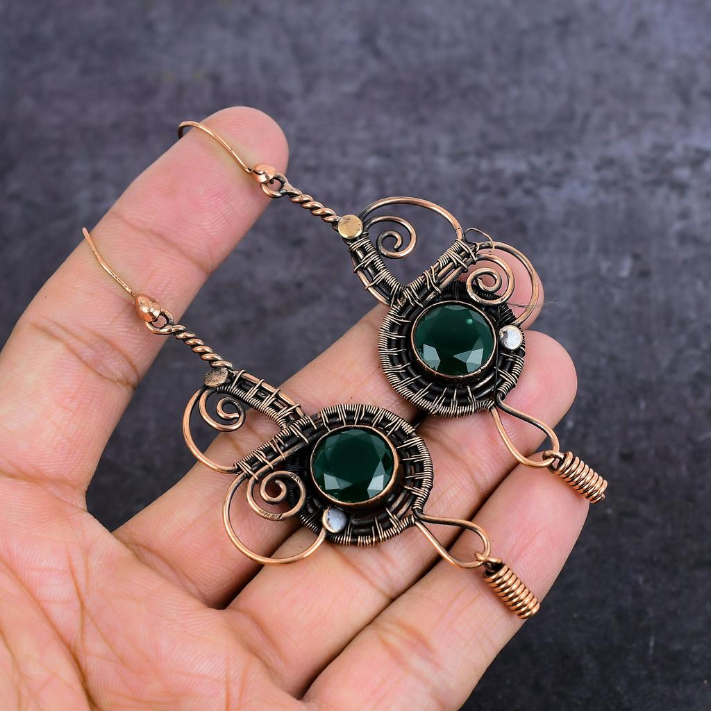 Natural Green Onyx Gemstone Handmade Copper Wire Wrap Jewelry Earring 3.74" Q9B96