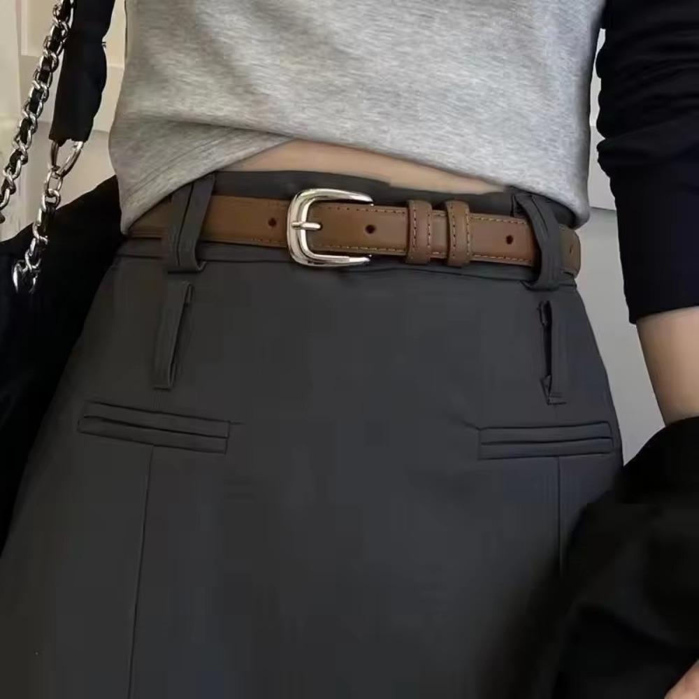 Women's Belt Fashion Pin Buckle Thin Belt Genuine Luxury Soft Belt Women with Cargo Pants Jeans Belts Black PU Leather Belt