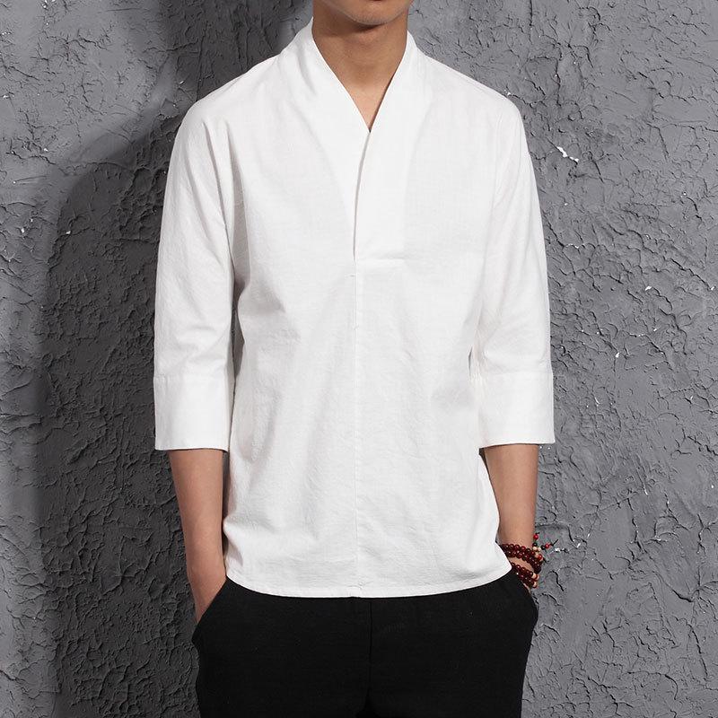 Men's Chinese Cotton-Linen V-Neck Retro Hanfu T-Shirt, Summer Three-Quarter Sleeve, Loose Plus Size