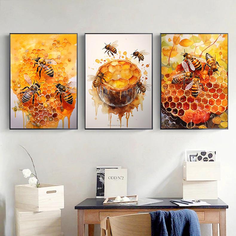 Fresh Bees Collecting Honey And Canned Honey Poster Print Wall Art Pictures Canvas Painting Living Room Bedroom Home Decor Gift