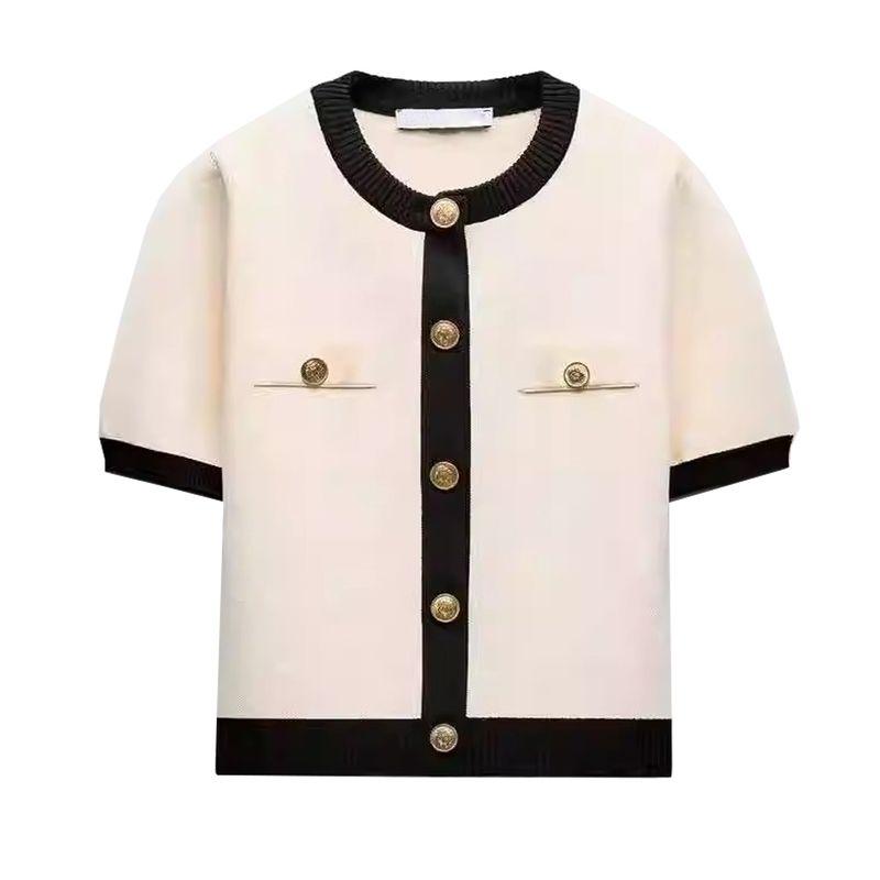 Summer New Women clothes Graceful Simple Golden Breasted Long sleeve round Neck Short Knitted Outerwear 1822006