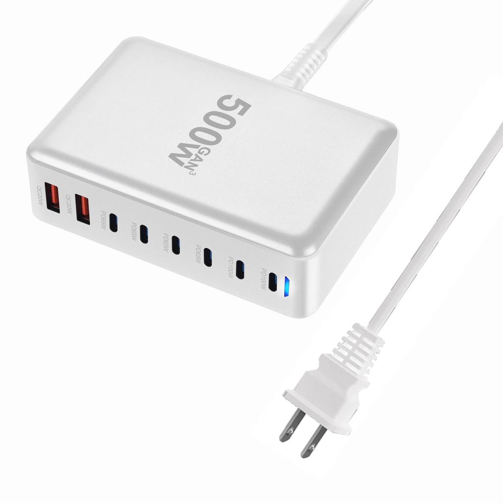 500W Gallium Nitride 8-Port Desktop Charger with 6 USB-C and 2 USB-A Ports