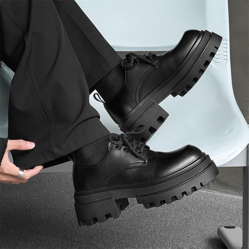 2024 Men's Thick Sole Height-Increasing Black Leather Derby Shoes - British Style