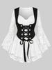 Rosegal Gothic Floral Lace Overlay Cinched Ruched Flare Sleeves Lace-up Grommet Corset T-shirt