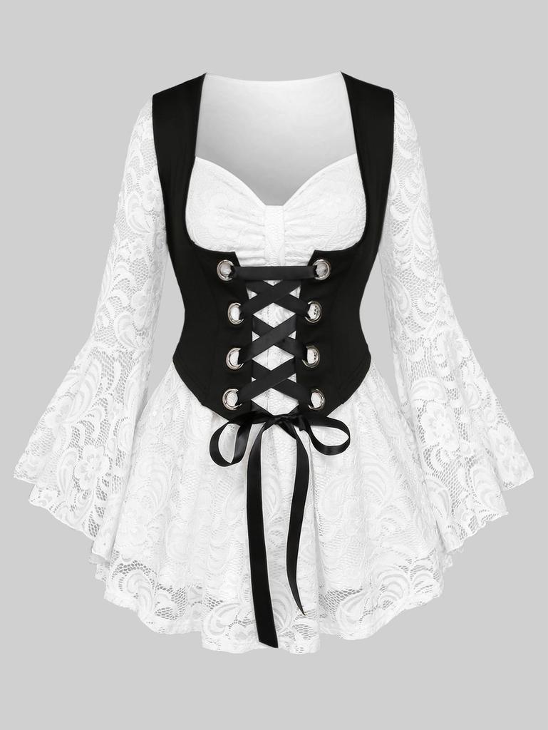 Rosegal Gothic Floral Lace Overlay Cinched Ruched Flare Sleeves Lace-up Grommet Corset T-shirt