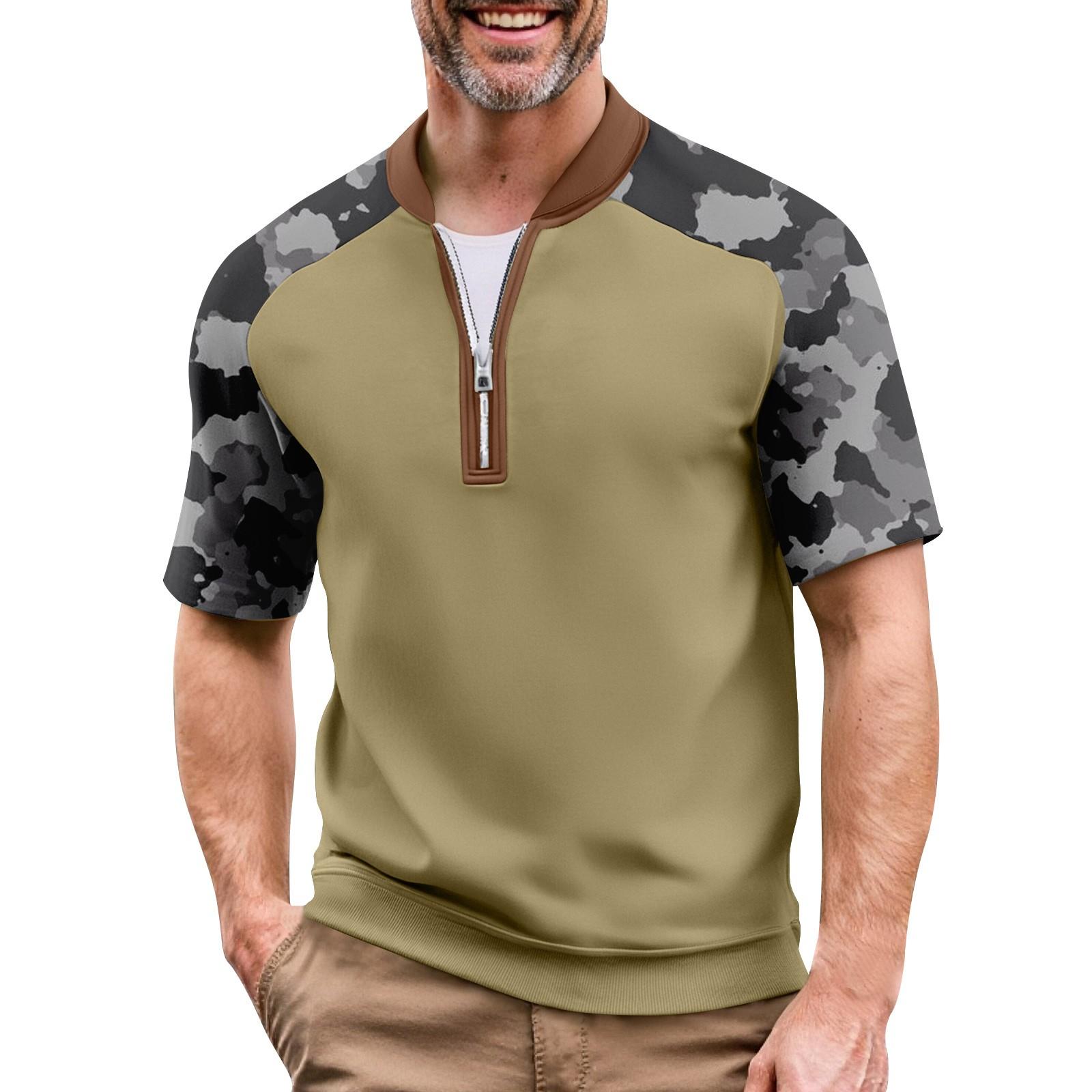 

Мужская летняя футболка камуфляжной расцветки в стиле кэжуал, спортивный дышащий топ с воротником на молнии M чёрный